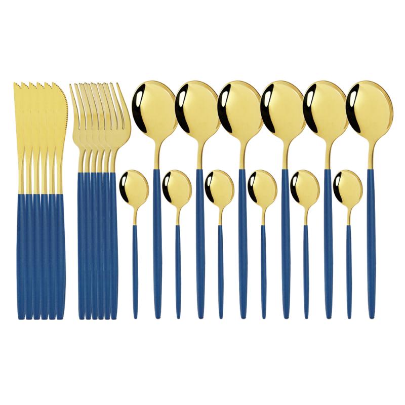 

24Pcs Dinnerware Set Blue Gold Fork Spoon Knife Cutlery Stainless Steel Western Silverware For Kitchen Tableware Set Wholesale