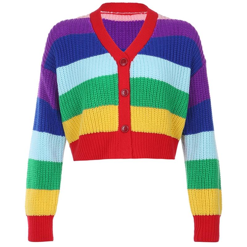 

Women Long Sleeve Knitted Cardigan V-Neck Single-Breasted Sweater Coat Rainbow Stripes Vintage Oversized Loose Crop Top, As pic