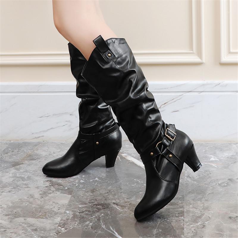 

Women's Boots The New winter Round head fashion belt buckle mid heel High tube Women's shoes plus size 33-43 Heel Height 5cm1, Black