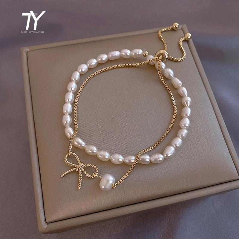 

Charm Bracelets Elegant Natural Pearl Bow Gold Suit Detachable Bracelet For Woman Korean Fashion Jewelry Lady Sweet Temperament, Golden;silver
