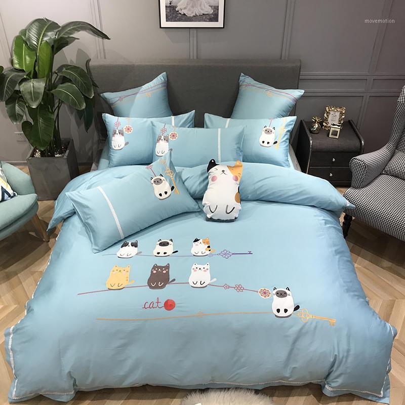 

42 Cotton Cute Cats Blue Bedding Set Queen King size Bed set Fitted sheet Duvet cover Pillows parrure de lit ropa de cama1, Bedding set 1