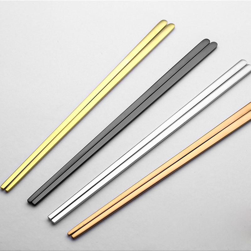 

Wholesale- 1 Pair High Quality 304 Stainless Steel Titanium Plating Gold Solid Flat Chopsticks Chinese Chop Sticks Portable Tableware1