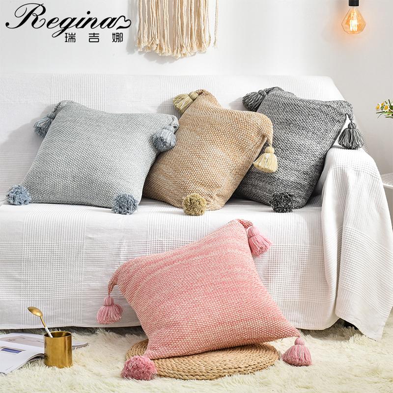 

REGINA Pillow Case Artistic Two Color Mixture Crochet Cushion Cover Tassel Fringe Thick Cotton Soft Throw Pillow Cover For Sofa, Pink
