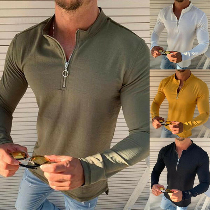 

Fashion Men's T-shirt Slim Fit Shirts V Neck Long Sleeve Slim Solid Cotton Zipper Male Autumn Muscle Tee Casual Tops, Yellow