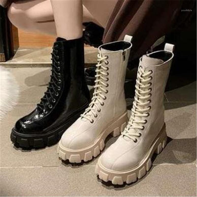 

Shoes Women Thick Sole Ankle Boots Fashion Platform Booties Female Wedge Motorcycle Boots Ladies Leather Lace Up Sneakers 35-391, Beige