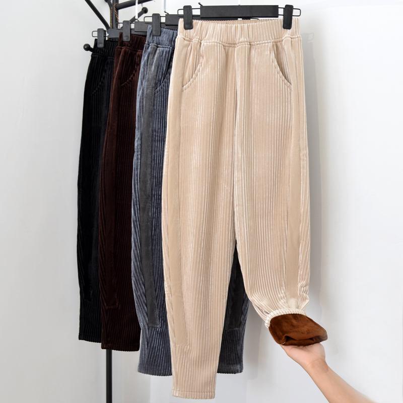 

Plus Velvet Thicken Gold Velvet Harem Pants Women Elastic High Waist Winter Pants Women Soft Plus Size Long Trousers C5681, Silver grey 1914