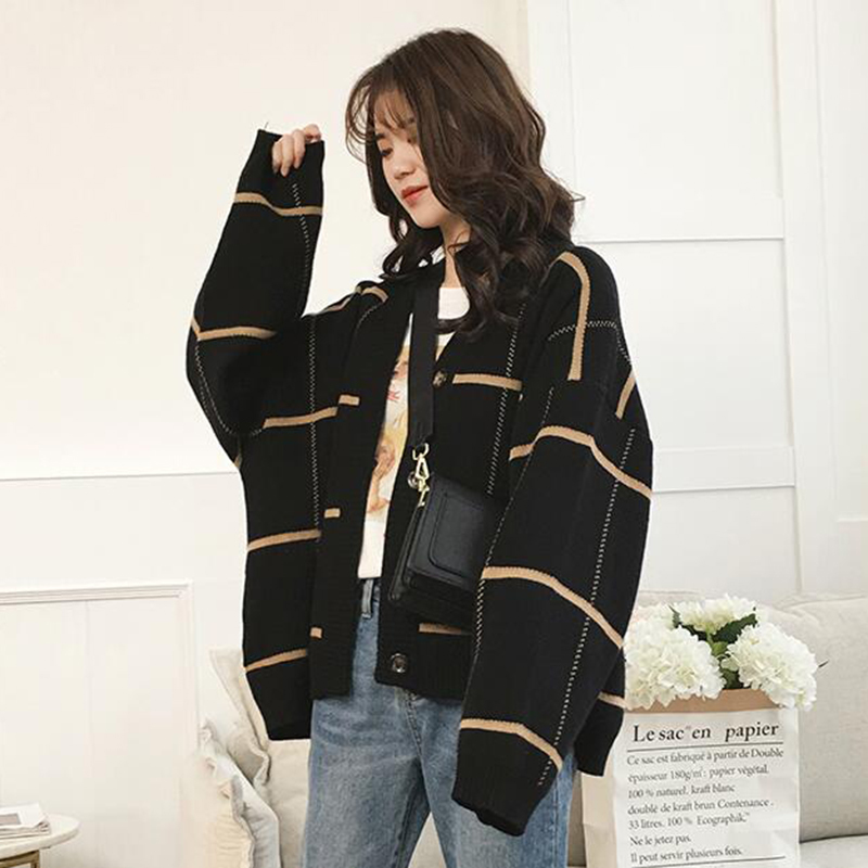 

Yellow female cardigan sweater black young fashion v short neck loose Korean style student harajuku trend jacket, Unkcamelunk