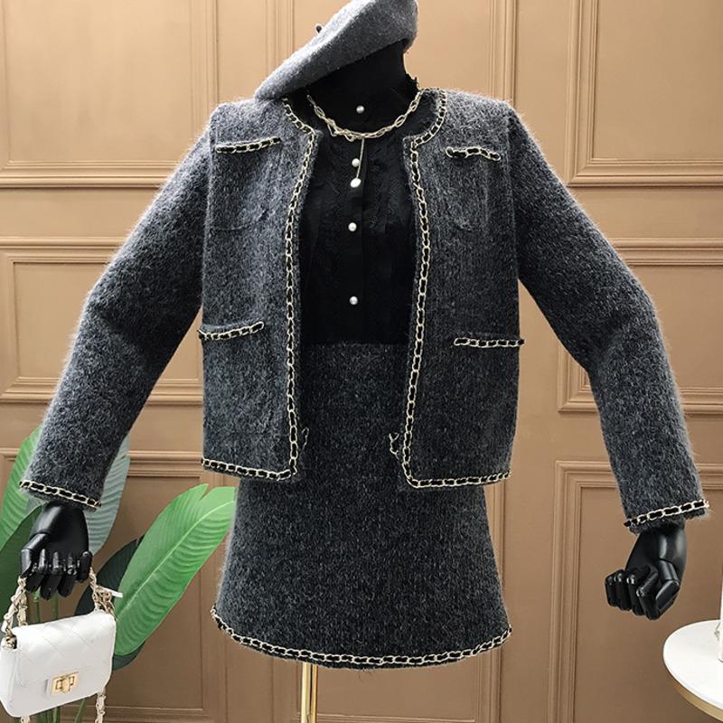 

2020 Autumn Winter New Tweed Two Piece Set Women Short Jacket Coat + Mini Skirt Woolen Chic Jacquard Office Lady Suits Outfits, Black