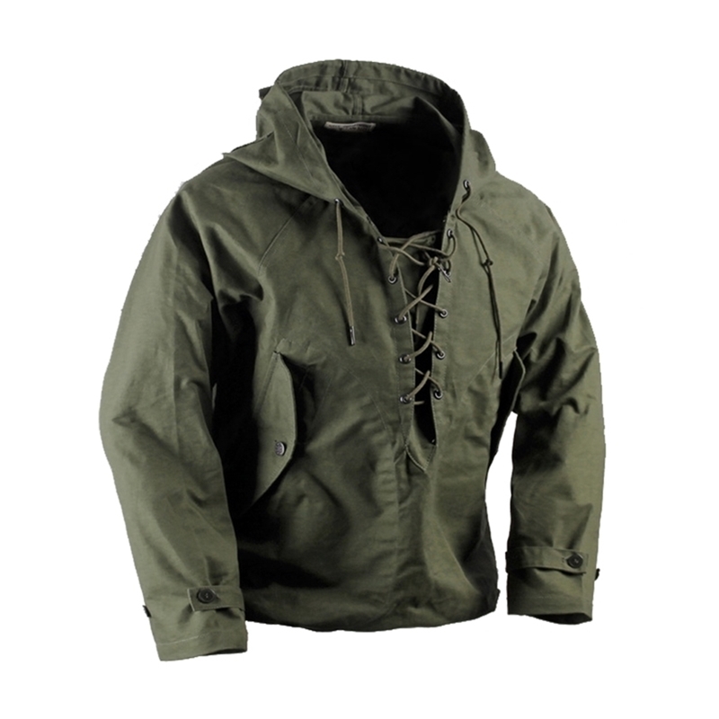 

USN Wet Weather Parka Vintage Deck Jacket Pullover Lace Up WW2 Uniform Mens Navy Military Hooded Jacket Outwear Army Green 201218, Square