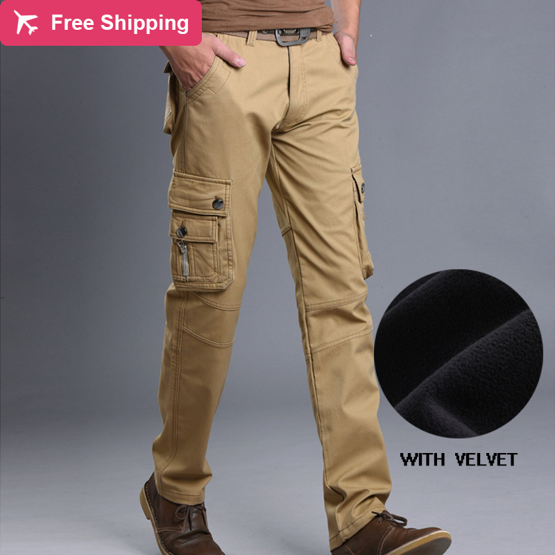 

Male tactical casual jogger plus size cotton hot winter fleeing army multi-pocket cargo pants, Kaki