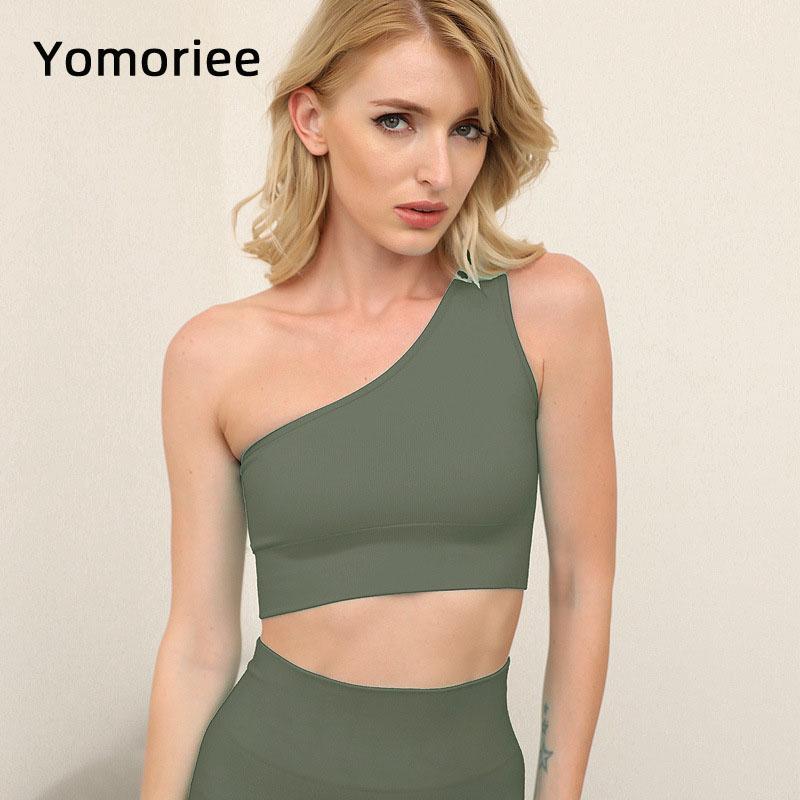 

Oblique Shoulder Women Yoga Set Gym Sport Workout Running Training Two-piece suit Solid Colo Seamless Knitting Gymwear Yomoriee, Black