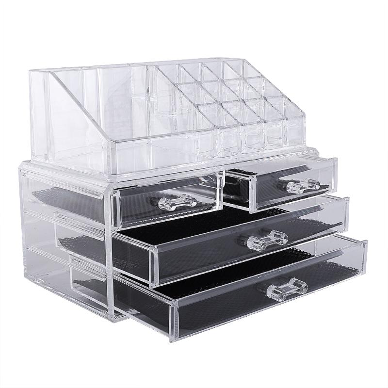 

US-W]Multi-check & 4 Drawers Integrated Acrylic Makeup Case Cosmetics Organizer Transparent Makeup Case Drawers 180821212, Clear