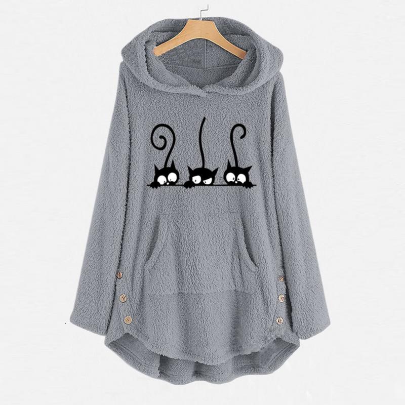 

2021 New Oversized Pullover Women' Wool Teddy Hoodie Cat Print Thermal Hooded Powdery Warm Female Sweatshirt Snrs, Natural