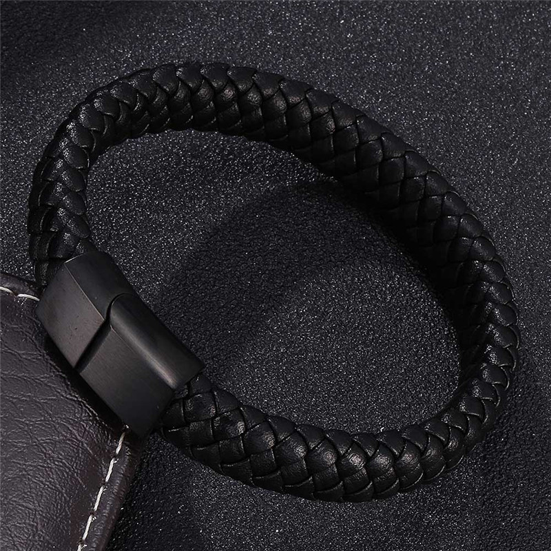 

Punk Braclets Charm Black Man Bracelets Strands Braided Leather Stainless Steel Magnetic Clasp Rope Women Jewelry, Golden;silver