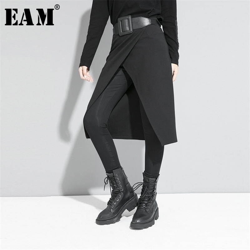 

[EAM] High Elastic Waist Black Stitch Long False Two Trousers New Loose Fit Pants Women Fashion Tide Spring Autumn 1S191 201228