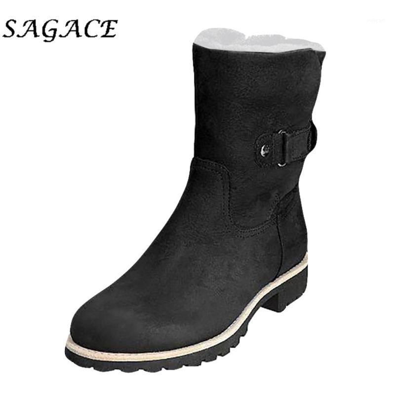 

SAGACE Vintage Boots Ladies Leather Snow Boots Buckle Round Toe Square Heels Shoes Warm Winter Women Wedge Short Plush1, Beige