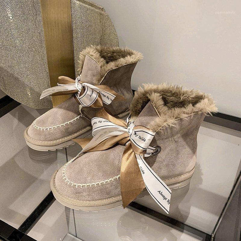 

Winter Short Snow Boots Womens Plush Comfortable Slip-On Ankle Boots Fur Thick Bottom Bowknot Ribbon Platform Non-Slip Shoes New1, Beige