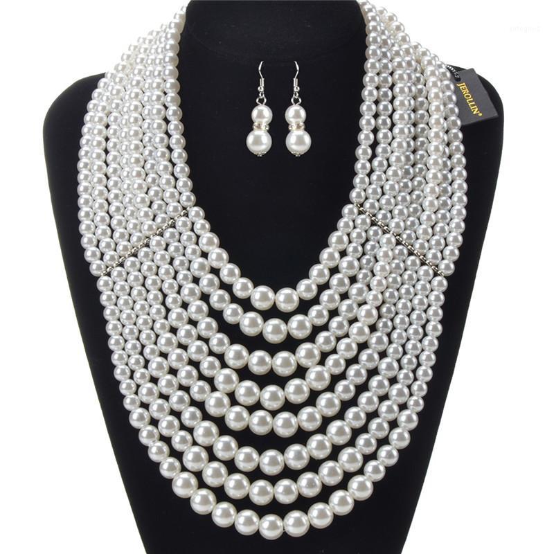 

Earrings & Necklace JEROLLIN Multi-layer Statement White Pearl Dangle For Women Fashion Jewelry Set Wedding Party Accessories1, As pic