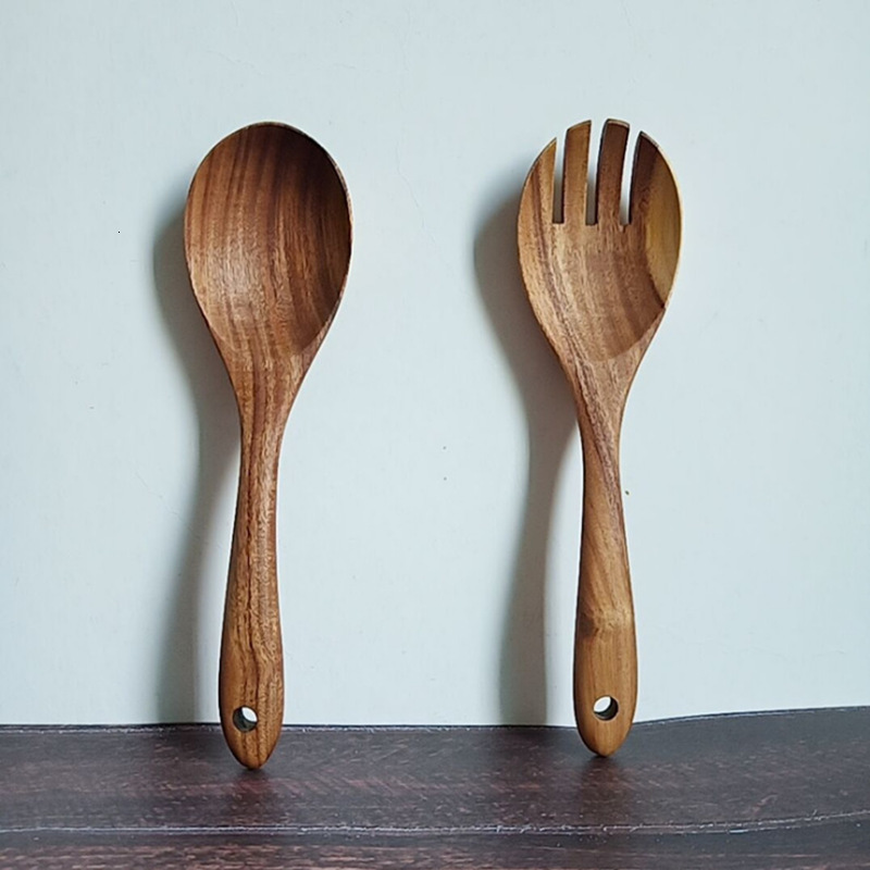 

2021 New 2 Ps/set Conjunto Alimentos Salada Frutas Garfo Madeira Natural Sopa Colher Cabo Longo De D945
