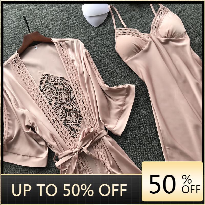 

2020 Women Robe & Gown Sets Sexy Lace Sleep Lounge Pajama Long Sleeve Ladies Nightwear Bathrobe Night Dress With Chest Pads, Gray