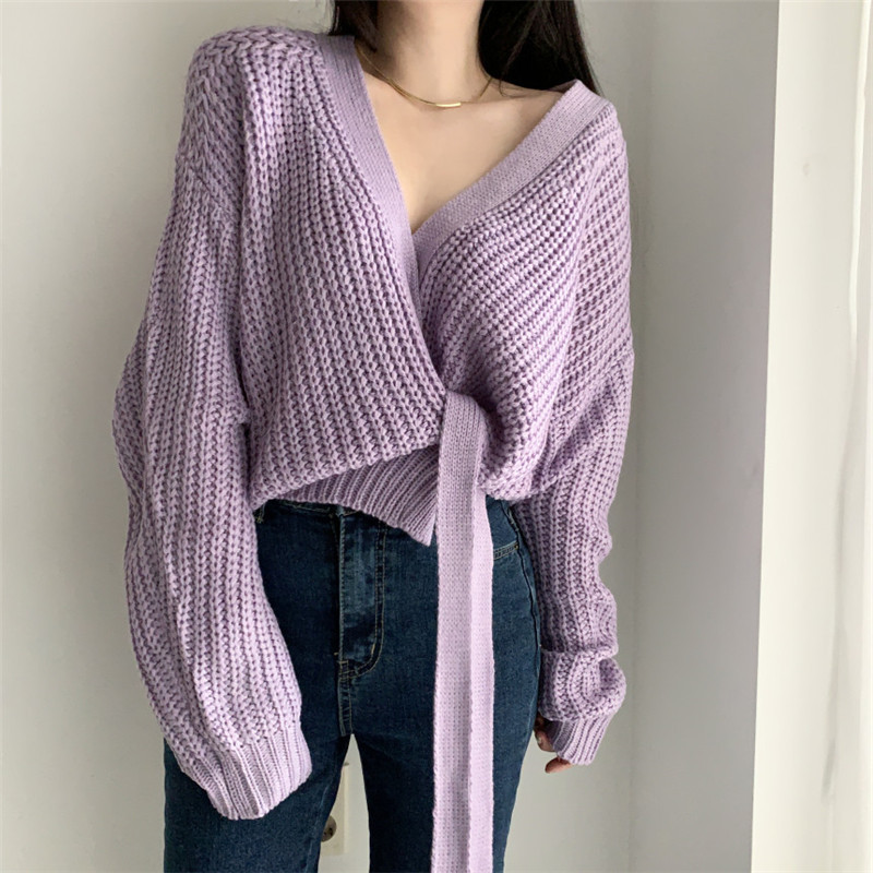 

2021 New Sweet Korean Cardigan Mesh Women's Fashions Neck Band Short Waistlines Chic Sheer Purple Jumpers AEQA