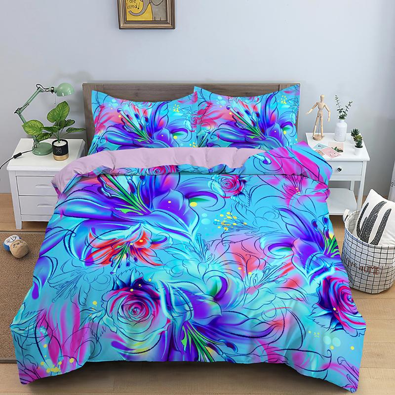

2/3pcs 3D Duvet Cover Rose Flowers Bedding Set Colorful Floral European Size King Quilt Cover Comforter for Adult Home De, Pattern 2