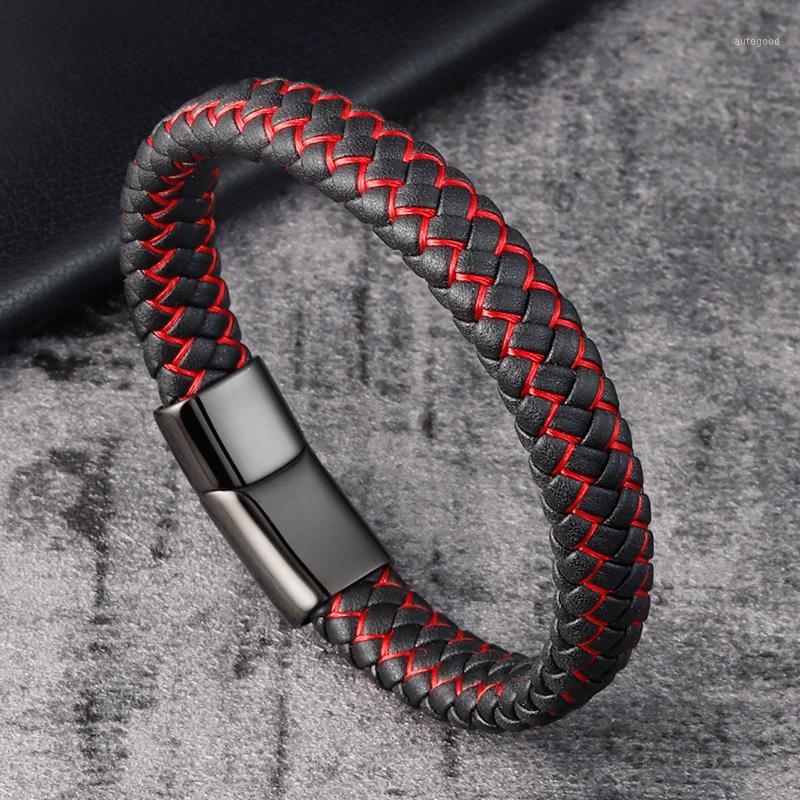 

Charm Bracelets Trendy Red Genuine Leather Bracelet For Men Jewelry Multicolor Stainless Steel Magnetic Clasp Braided Wristband Male Punk Gi