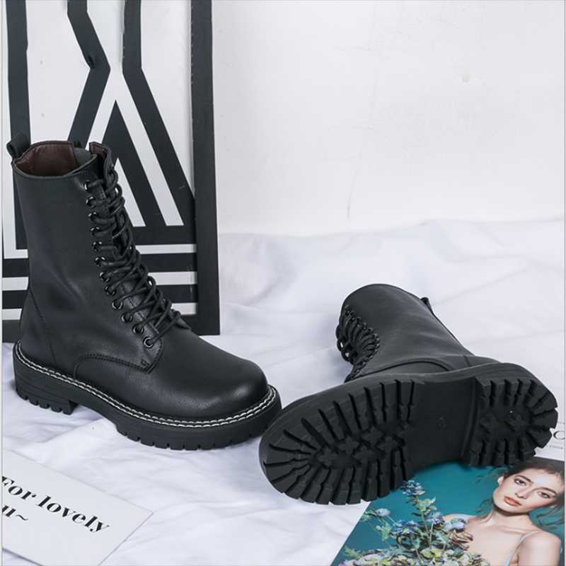

2021 Winter Fashion Wholesale Lace Up Calf Round Head Women's Boots Black Mid Heel Zipper Square Heel PU Women Bota Shoes
