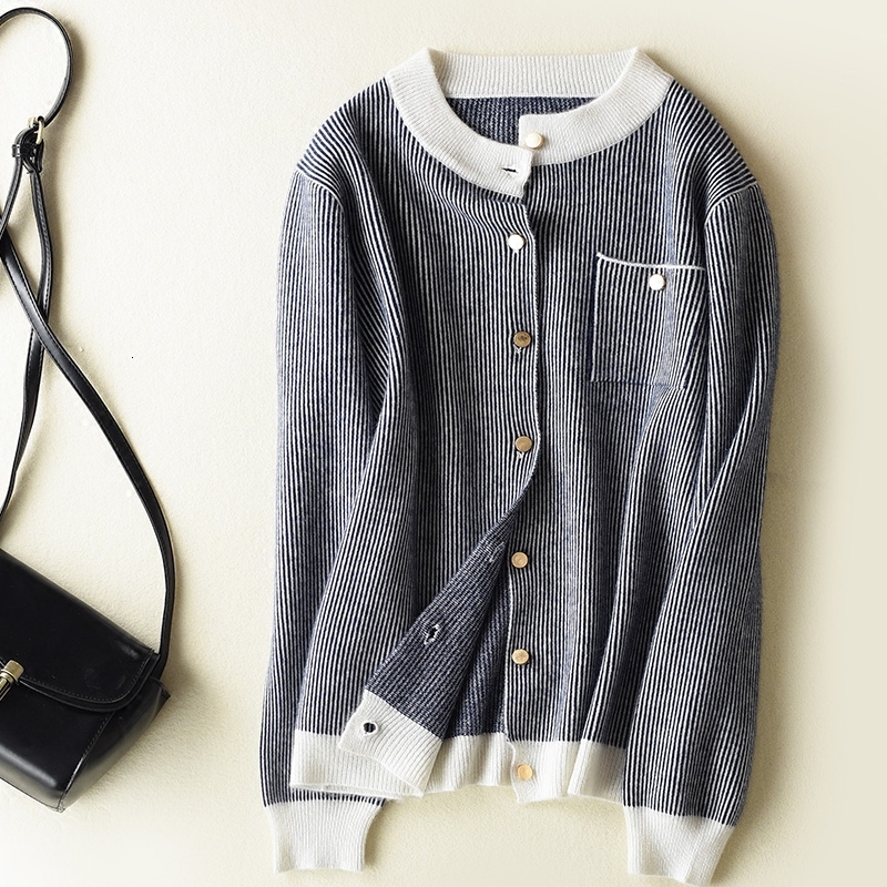 

2021 New High Quality Thick Mandarin Collar Cashmere Cardigan Sweater Women Stripe Pocket Jumper Pull Femme Hiver Knitted Tops Jacket Aqih, Black