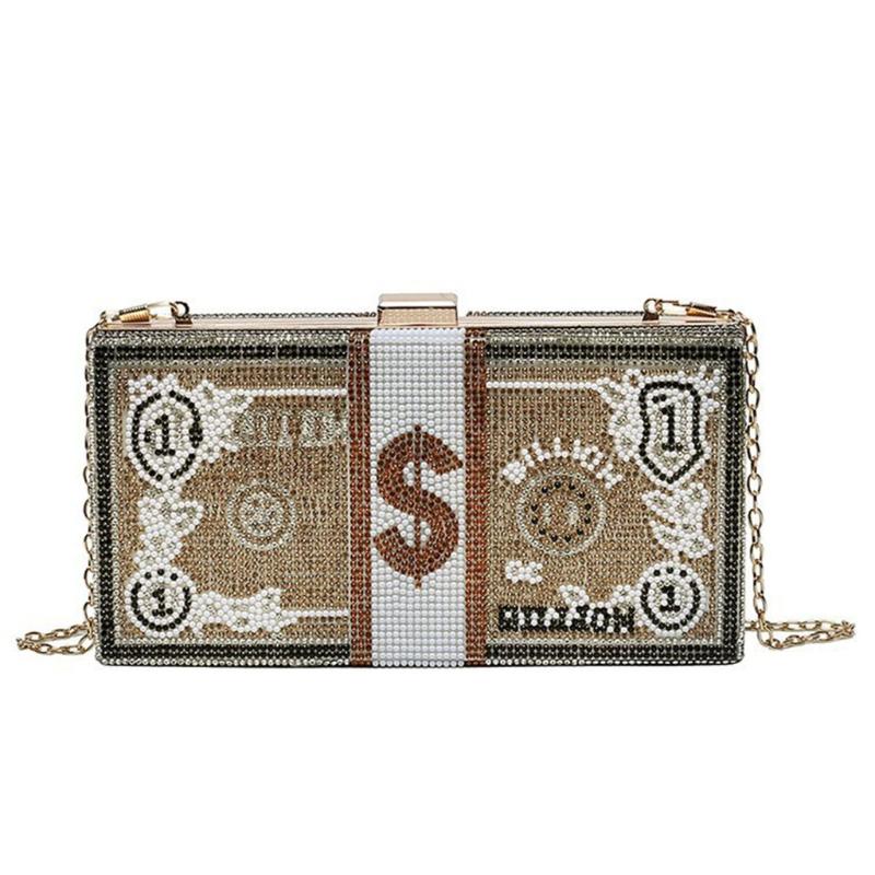 

Money Cluth Purse Rhinestone Box Evening Clutch Bag Dollar Cash Shoulder Bag L9BE, Gold