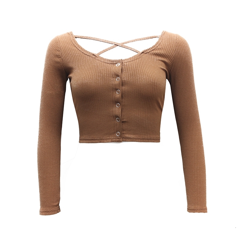 

2021 New Autumn Very Sexy 3 Colors Short T-shirt Women Cotton Buttons Top of Malha Cross Strip  Tapes All CVU2, Camel