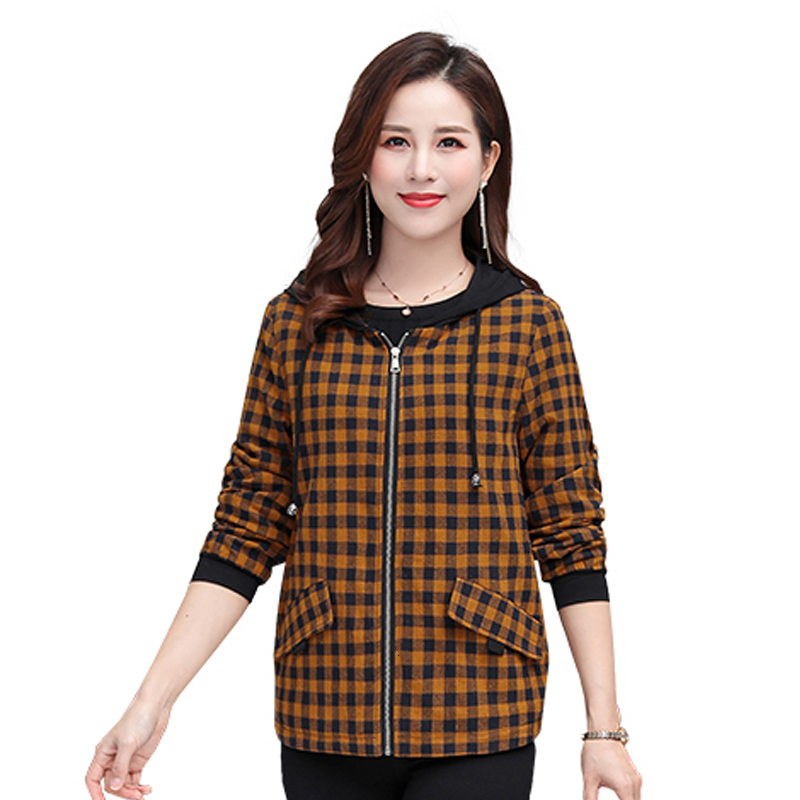 

2021 New Spring Middle-aged Hood with Zipper Jacket Outerwear Female Size Big 5xl Sweater Coats XMWX, Yellow grid.
