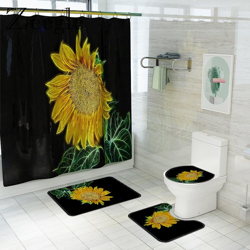 

American Country Floral Bath Mat with Shower Curtain Microfiber Toilet Cover Bath Mat Set Non-Slip Carpet Shower Foot