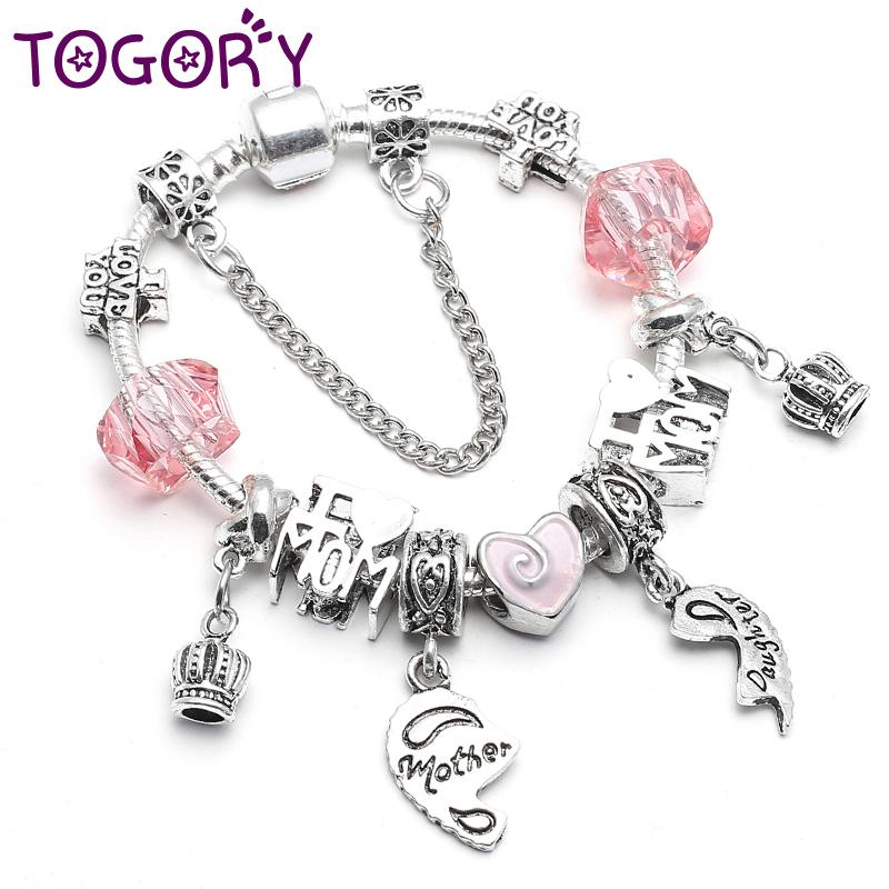 

Silver Color Vintage I LOVE MOM Beads Brand Bracelets Crown Openwork Heart Pendants Charm Bracelets For Mother Gift 2021 Newest