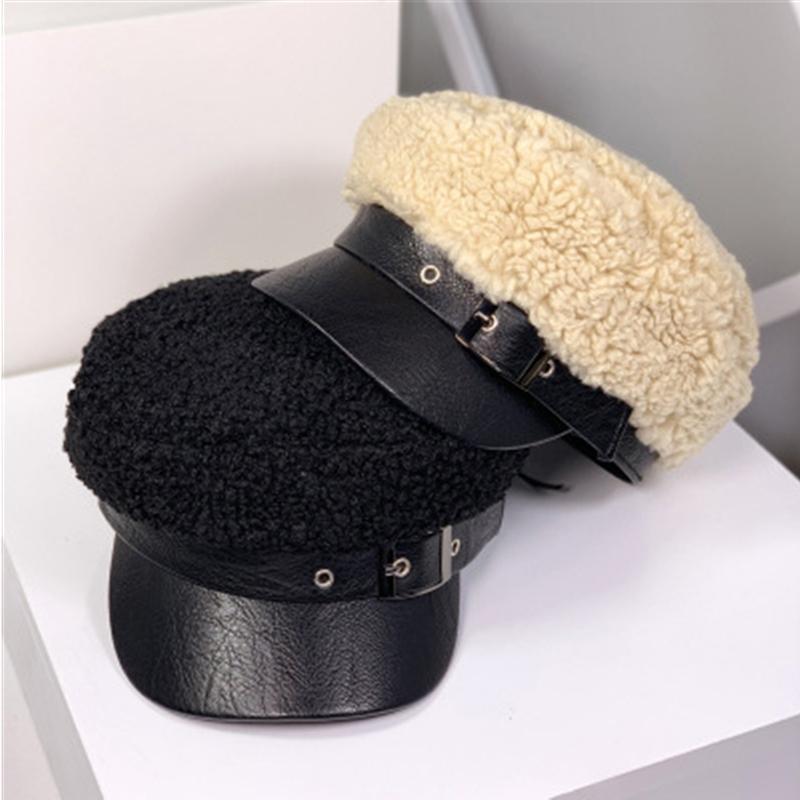 

Beret hat women winter warm lamb hair octagonal cap sweet PU leather navy hat cold-proof thick beanie cap