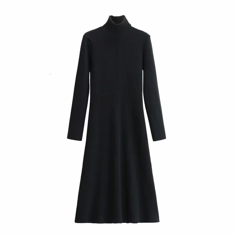 

New Black Knitted Women 2021 Winter Warm Long Sleeve Midi Sweater Dress Woman Ribbed Knit a Line Casual Dresses 9pbs