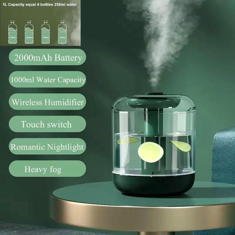 

1L Cordless Portable Humidifier Ultrasonic Cool Mist Maker Rechargeable Battery USB Water Diffuser LED Light Fruit Humidifier