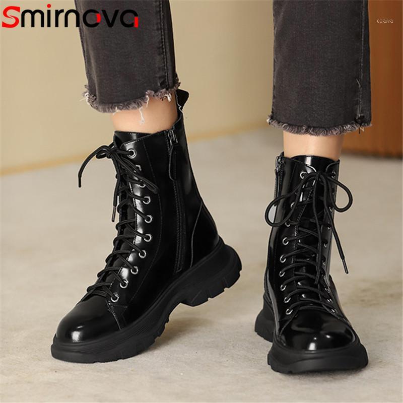 

Smirnova 2020 new arrive casual shoes women genuine leather ankle boots round toe lace up fashion autumn winter ladies boots1, Black