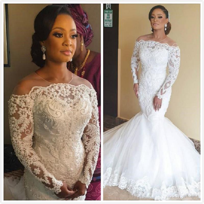

2021 New African Arrival Mermaid Dresses Mariee Robe Sleeve Gowns Apply Handcrafted Lace Wedding Dress UTW4, White