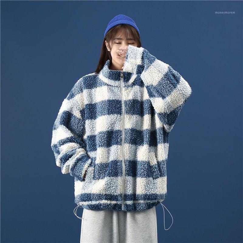 

Winter Thick Lamb Fur Jacket Men's Warm Fashion Casual Retro Plaid Coat Men Clothes Wild Loose Korean Couple Short Coat -2XL1, Blue