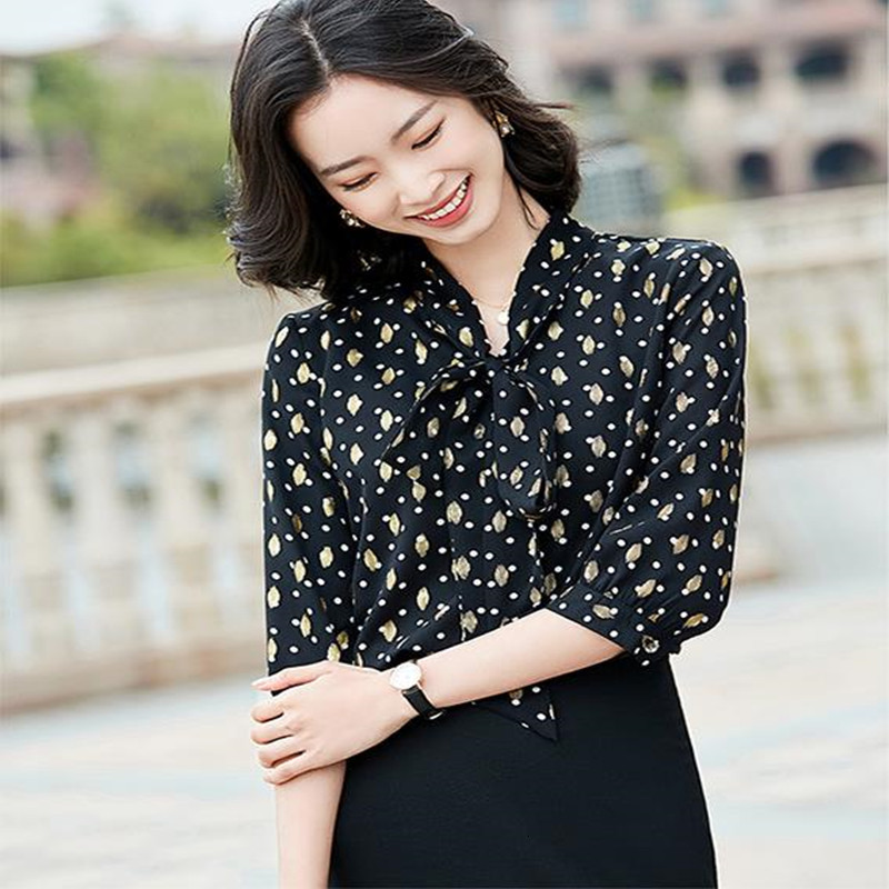 

2021 Female Summer Polka Dot Ribbon Chiffon Sleeve Long Tie Top Shirt 4p5k, Black