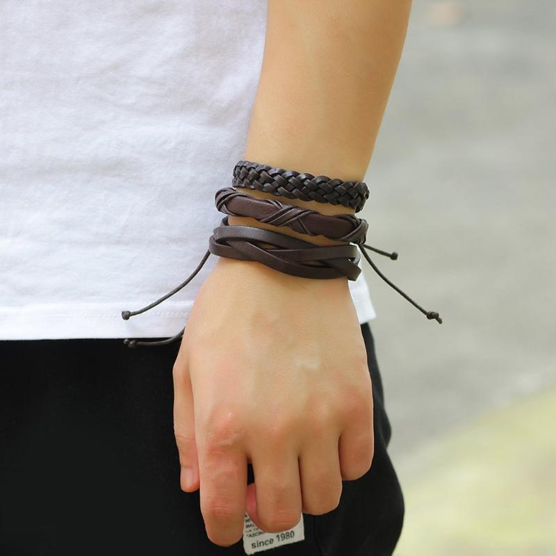 

2021 6pcs/pack Handmade PU Leather Black Unisex Men Women Braided Casual Bracelets Multilayer Bangles Stylish Jewelry Gift#3