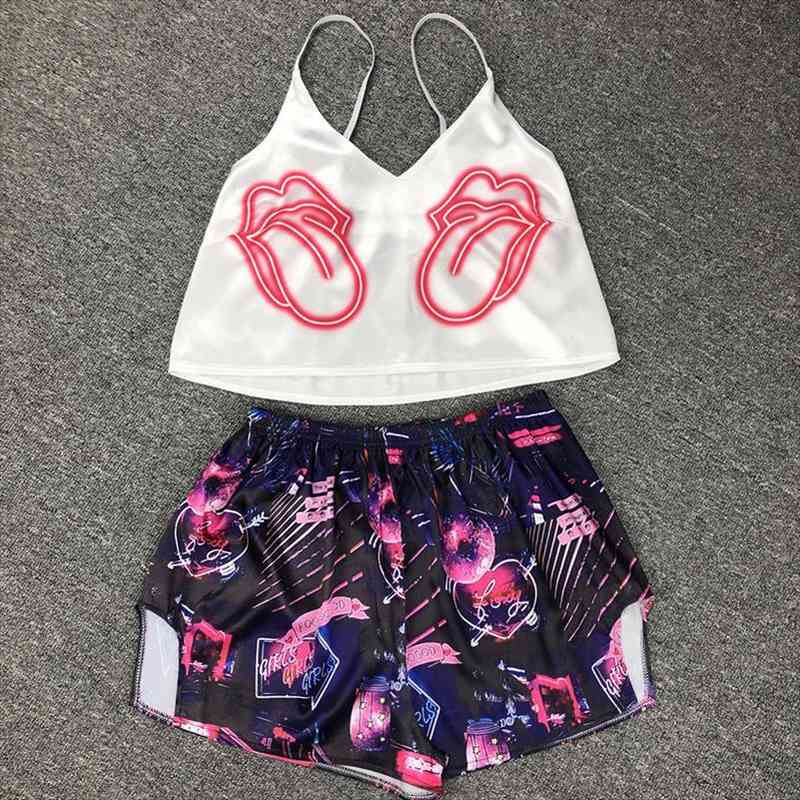 

Cartoon Print Pajamas Sets Women Sexy Cute Animal Satin Pyjamas Sleep Shorts Spaghetti Strap Pijama Suit Sleepwear Homewear, Black;red
