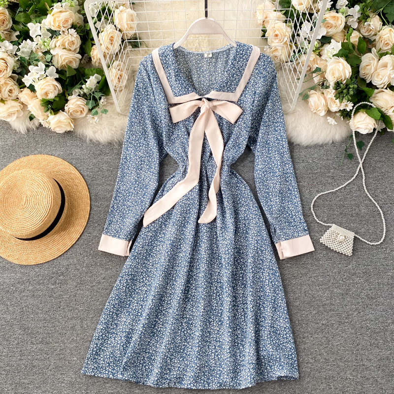 

2021 New Female printing floral bow cord v-cleavage dress long elastic autumn line dressed U0EW, Black