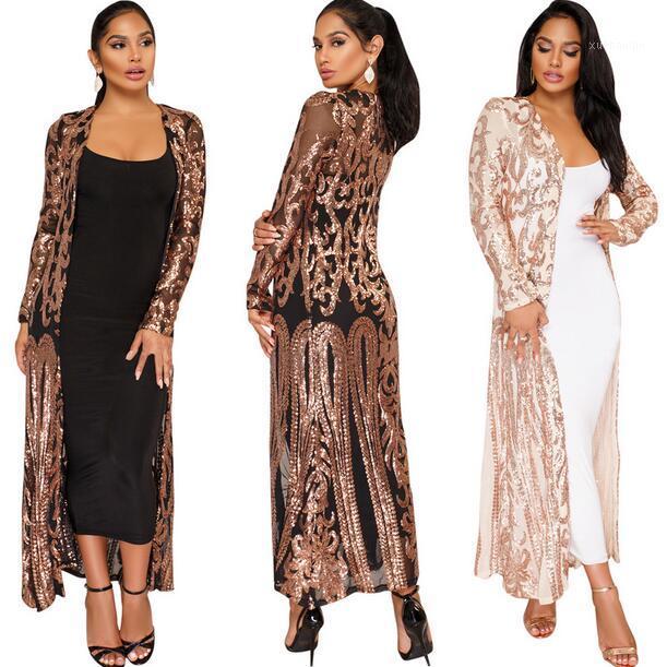 

Women' Jackets 2021 Spring Lace Cardigan Sequin Mesh Long Women Tops Jacket Coats Latex Set Windbreaker Sexy Party Coat WF7921, Beige