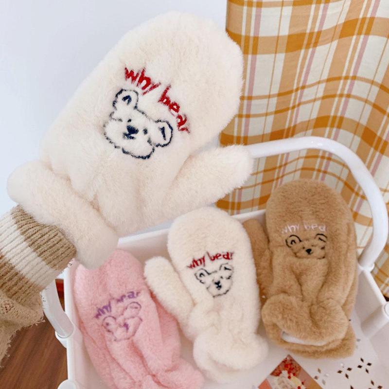 

1 pair female winter soft cashmere gloves bear cartoon warm plush gloves female cute full fingers christmas gift for girl