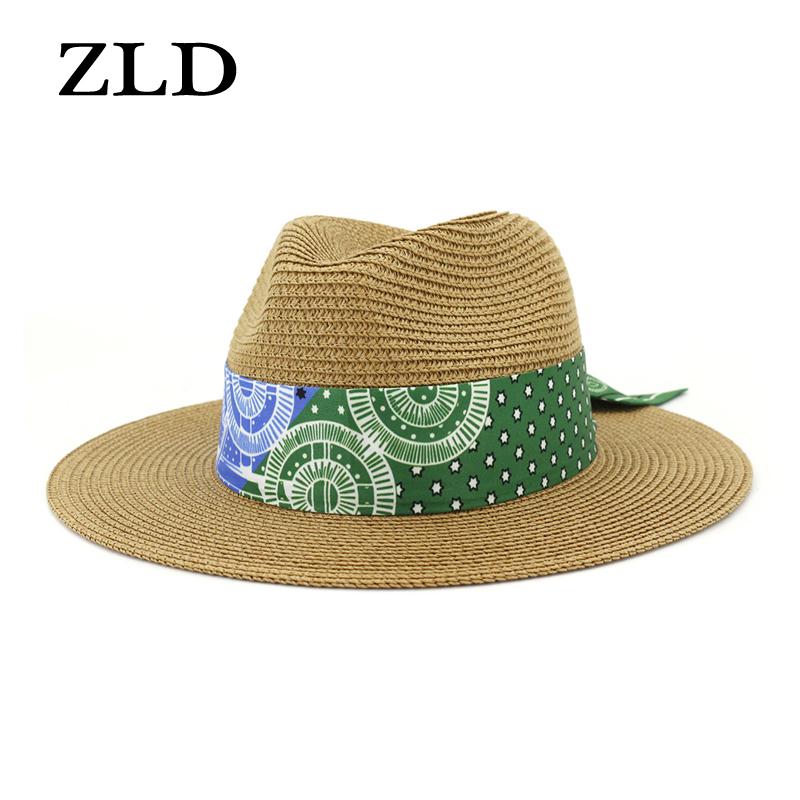 

ZLD Summer women wide brim straw hat fashion flat top cap elegant ribbon lady sun beach caps jazz hat UV protection straw, 11