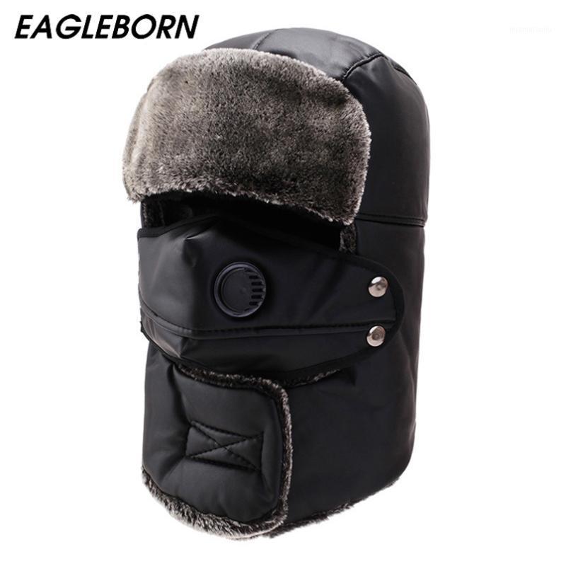 

Men Winter Russian Hat Ear Bomber Hats with Mask Thicker Plus PU Hats Warm Women Winter Hat Earmuffs Ski Velvet Big Cap Bomber1