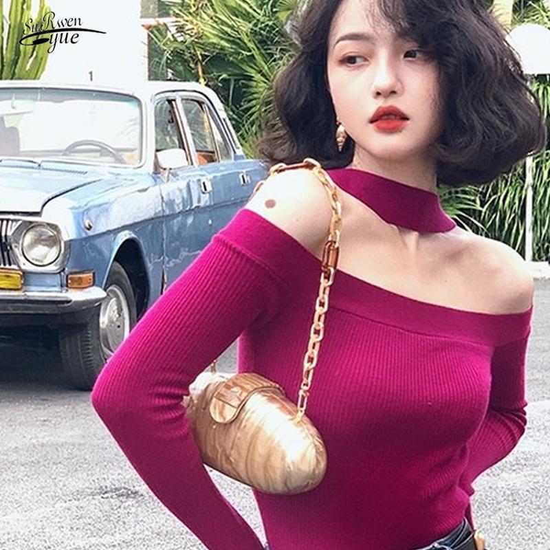 

Women's Sweaters Bottoming Sweater 2022 Autumn Retro Knitted Top Short Temperament Solid Color One-shoulder Slim 16338, White;black