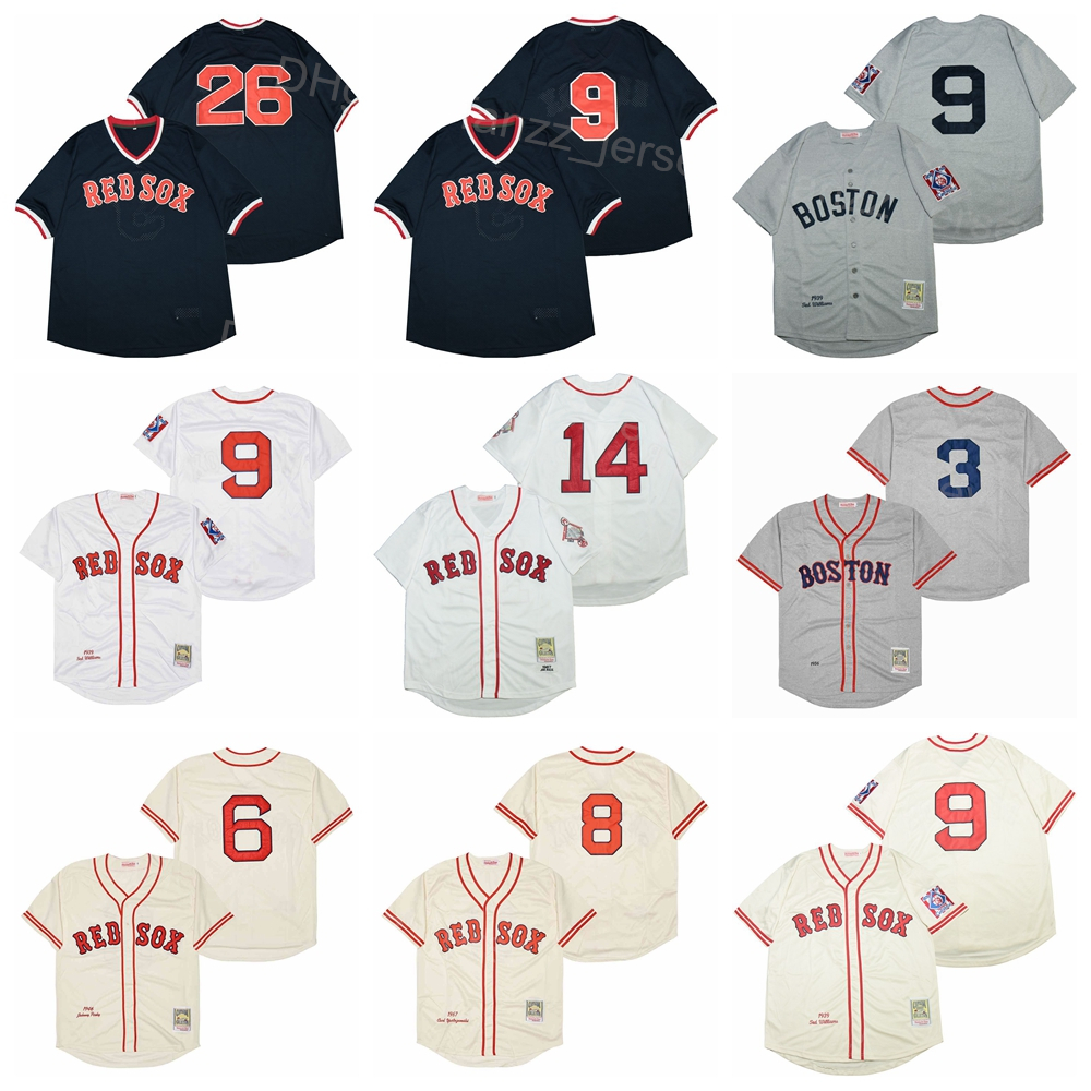 

1914 1936 1939 Retro Baseball Vintage 9 Ted Williams Jersey 8 Carl Yastrzemski 26 Wade Boggs 3 Jimmie Foxx 6 Johnny Pesky 14 Jim Rice 3 Babe Ruth Navy Blue White Grey, Blank